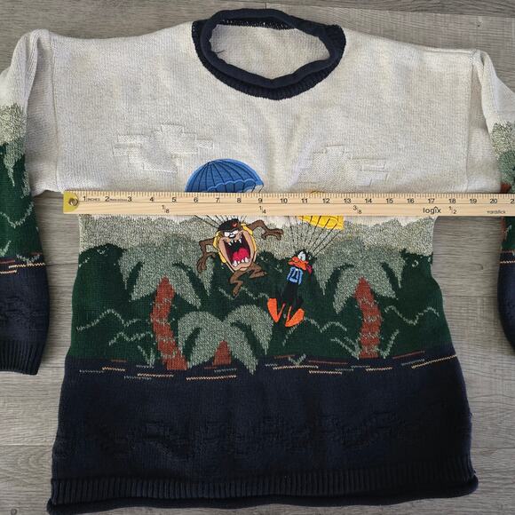 VTG 90s St Michael Looney Tunes Novelty Sweater Taz & Daffy Parachute Sz S Rare - Picture 4 of 8